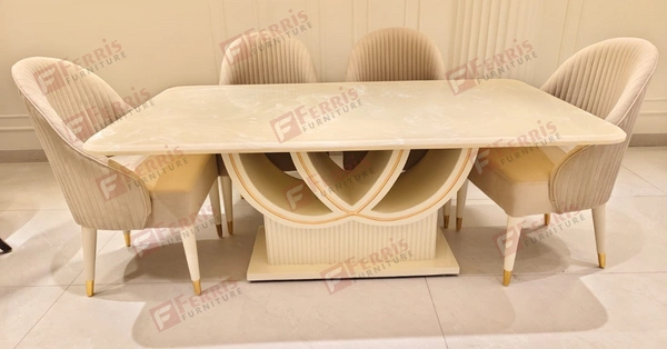 6 Seater Modern Dining Table Set with Marble Top & PU Finish – Elegant Bent Ply Base (Variant)