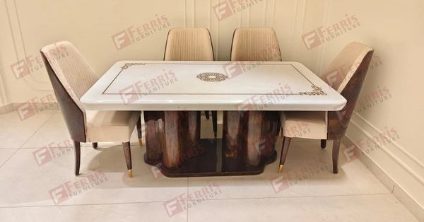 Luxury 6 Seater Dining Table Set with Marble Top & PU Finish – Bent Ply Structure | Premium Wooden Chairs