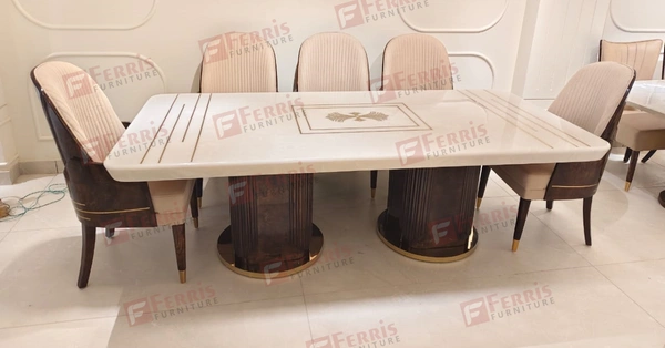 8 Seater Luxury Dining Table Set with Marble Top & PU Finish – Grand Bent Ply Base, Cushioned Chairs