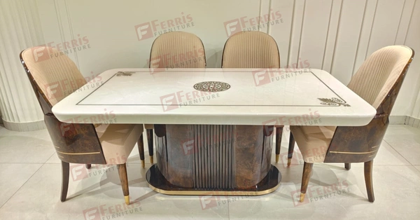 6 Seater Marble Top Dining Table Set with PU Finish – Luxury Bent Ply Base & Cushioned Chairs for Modern Homes