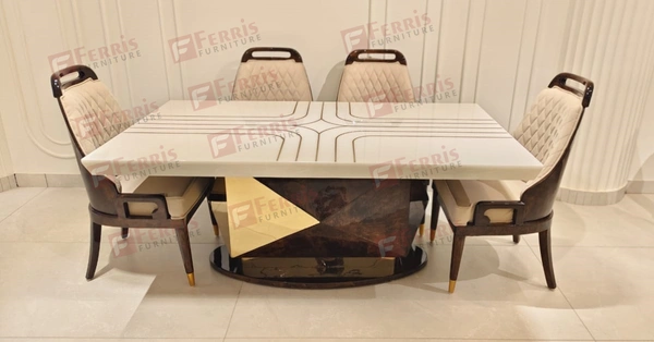 6 Seater Luxury Dining Set with Italian Marble Top & High Gloss PU Base – Stylish Chairs for Home & Hotel Use