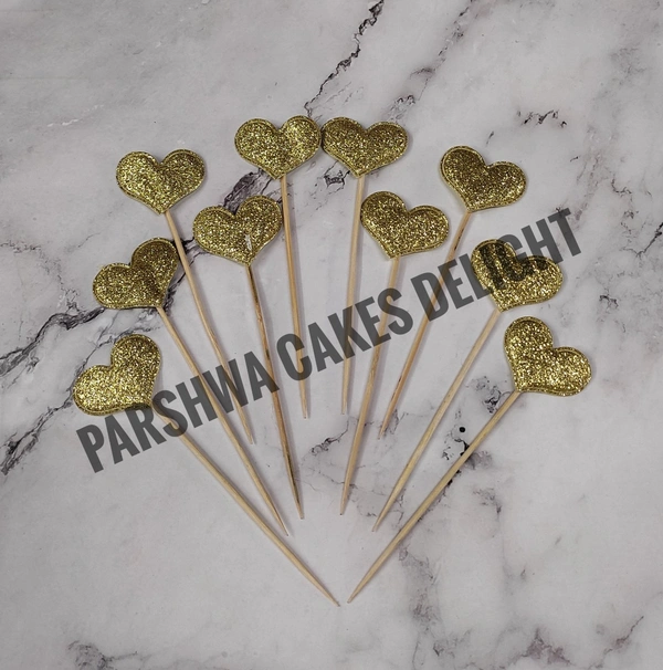 Stick Topper - Heart, Glitter Gold, 10 Pcs