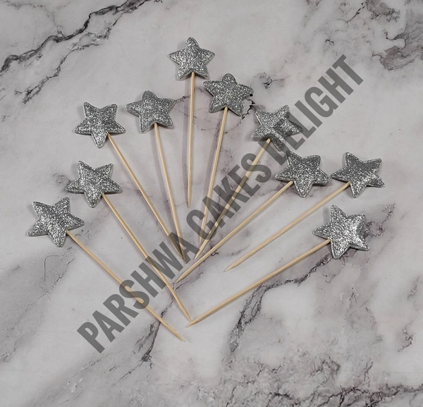 Stick Topper - Glitter Silver, Star, 10 Pcs