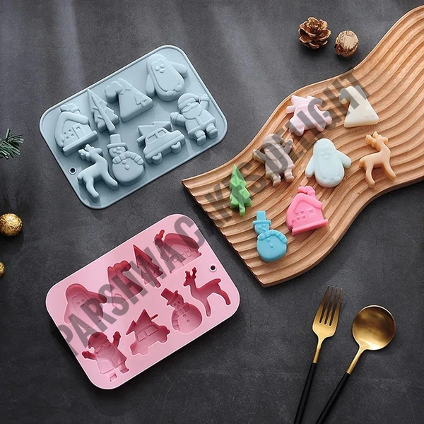 Christmas Theme Tree, Snowman, House, Deer Silicon Chocolate Mould Jelly Mould - 8 Cavity