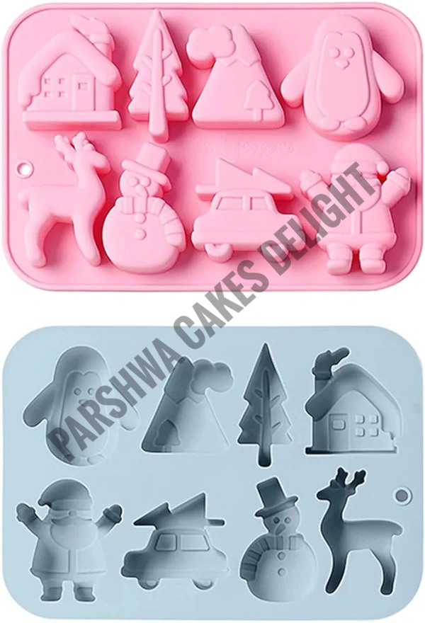 Christmas Theme Tree, Snowman, House, Deer Silicon Chocolate Mould Jelly Mould - 8 Cavity