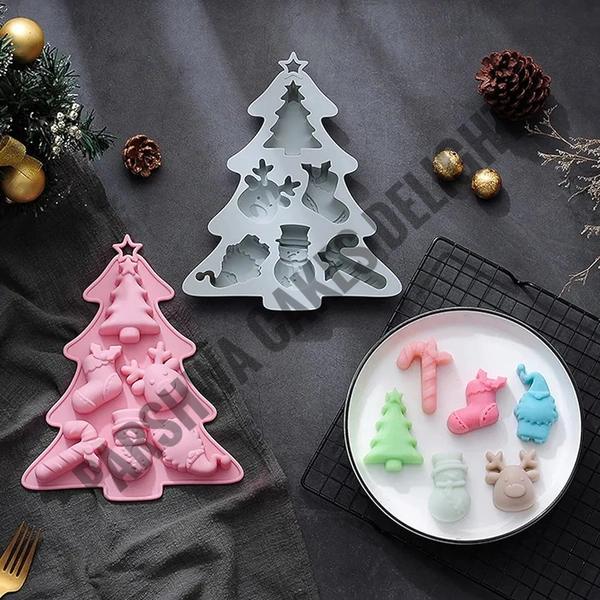 Christmas Theme Tree, Snowman, Deer, Elf, Sock Silicon Chocolate Mould Jelly Mould - 6 Cavity