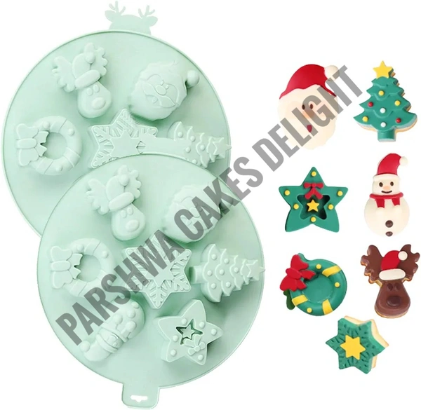 Christmas Theme Tree, Snowman, Deer, Star, Wreath Silicon Chocolate Mould Jelly Mould - 7 Cavity