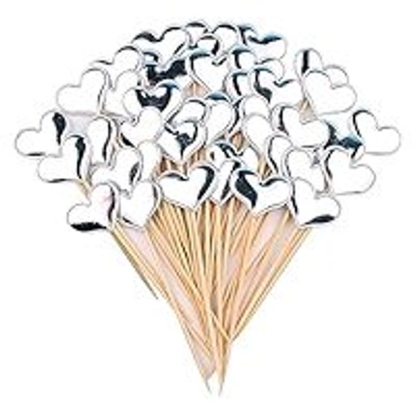 Heart Stick Topper  - Silver, 10 Pcs Pack