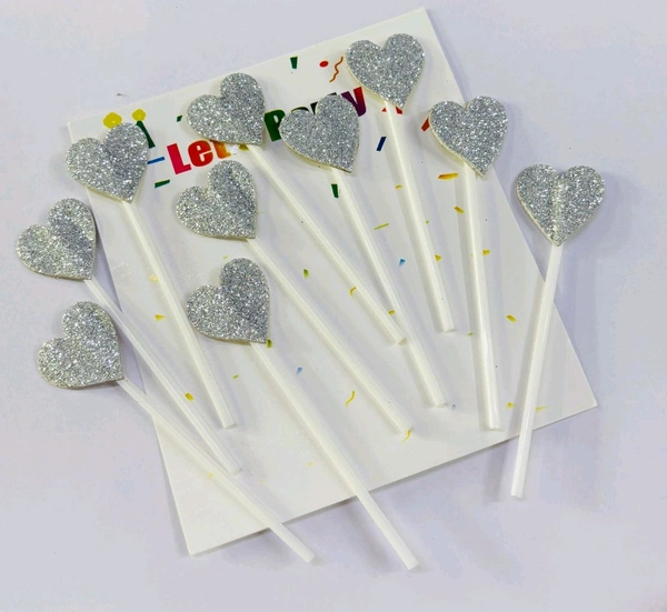 Heart Stick Topper  - Glitter Silver, 10 Pcs Pack