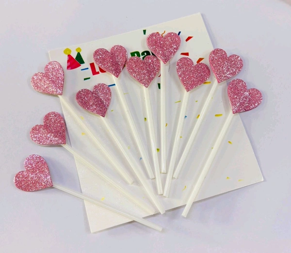 Heart Stick Topper  - Glitter Pink, 10 Pcs Pack