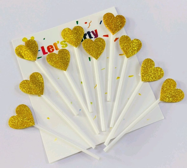 Heart Stick Topper  - Glitter Gold, 10 Pcs Pack