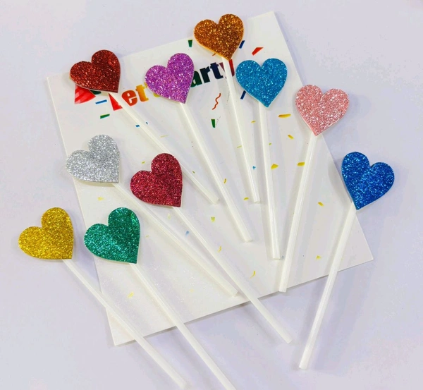 Heart Stick Topper  - Glitter Multi, 10 Pcs Pack