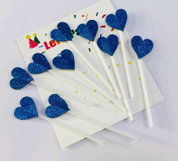 Heart Stick Topper  - Glitter Blue, 10 Pcs Pack