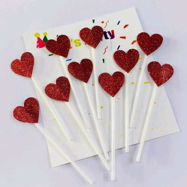 Heart Stick Topper  - Glitter Red, 10 Pcs Pack