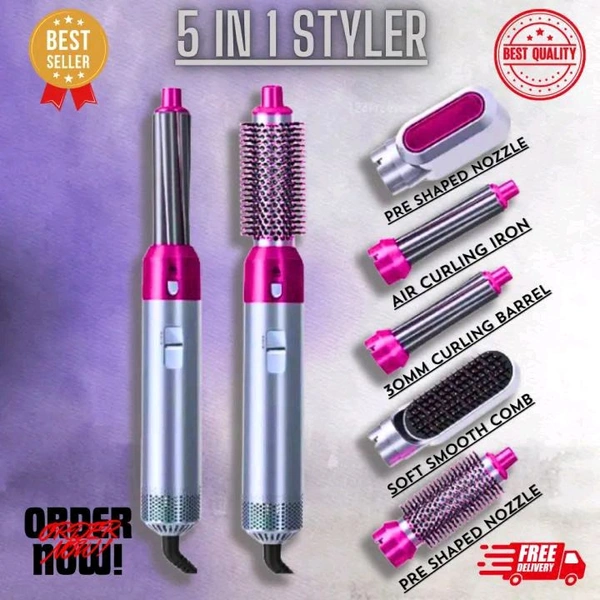 5 in 1 Hair Styler - Hair Dryer - Hot Air Brush Styler and Volumizer - Hair Straightener Curler 