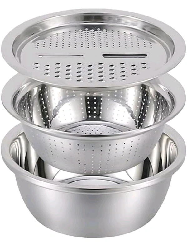 3 in 1 Stainless Steel Grater Solid Basin Drain Basket Washing Bowl