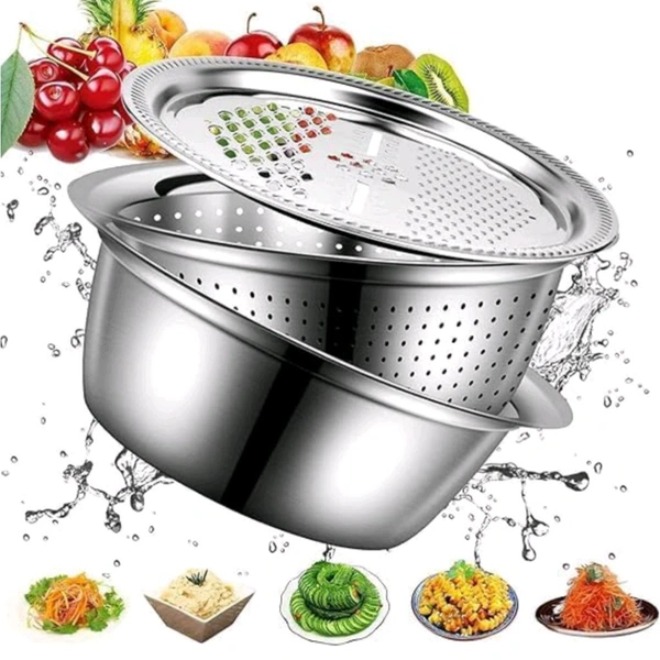 3 in 1 Stainless Steel Grater Solid Basin Drain Basket Washing Bowl