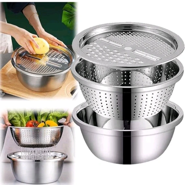 3 in 1 Stainless Steel Grater Solid Basin Drain Basket Washing Bowl