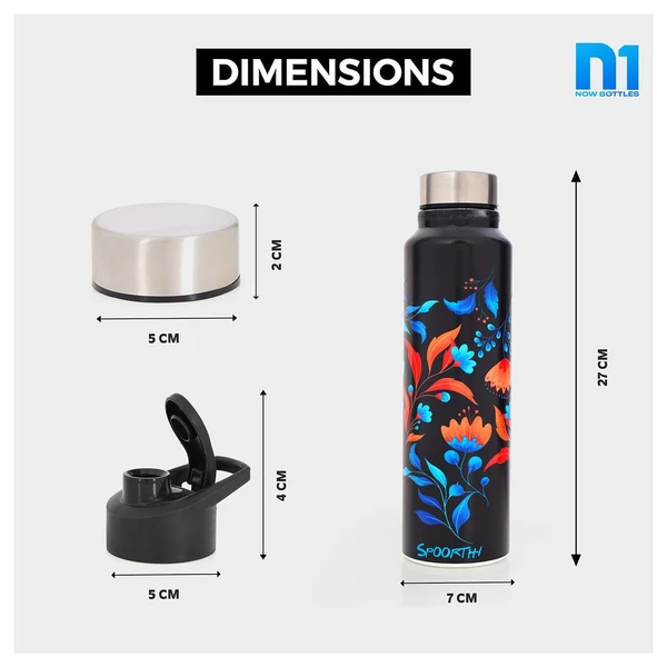 Customised Stainless Steel Water Bottle -Black Floral (304 Food Grade) - Black