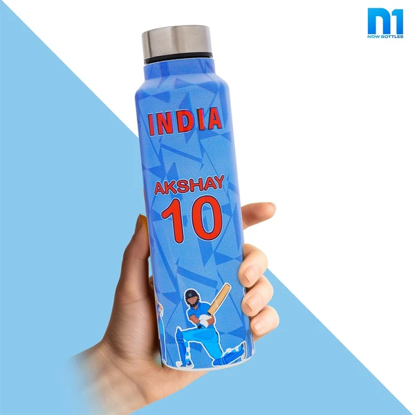 Customised Stainless Steel Water Bottle -Blue Indian Team (304 Food Grade) - Blue