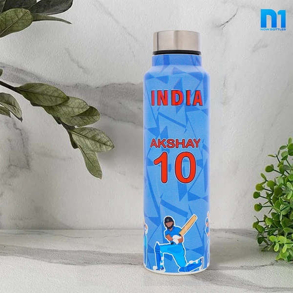 Customised Stainless Steel Water Bottle -Blue Indian Team (304 Food Grade) - Blue