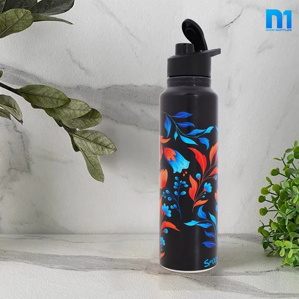 Customised Stainless Steel Water Bottle -Black Floral (304 Food Grade) - Black