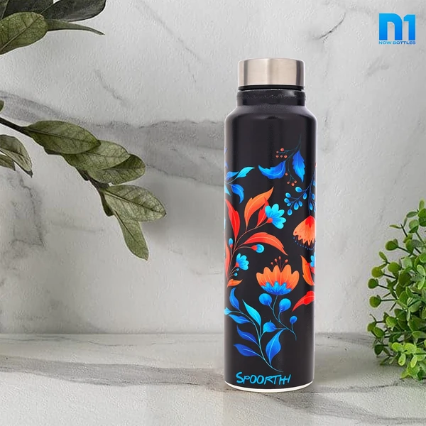 Customised Stainless Steel Water Bottle -Black Floral (304 Food Grade) - Black