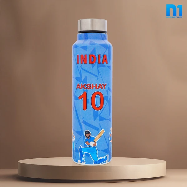 Customised Stainless Steel Water Bottle -Blue Indian Team (304 Food Grade) - Blue