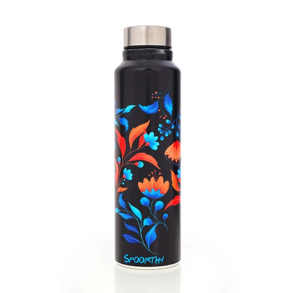 Customised Stainless Steel Water Bottle -Black Floral (304 Food Grade) - Black