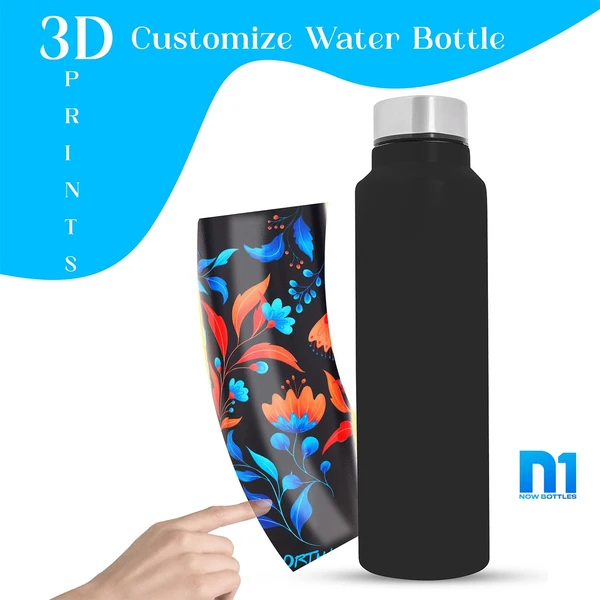 Customised Stainless Steel Water Bottle -Black Floral (304 Food Grade) - Black