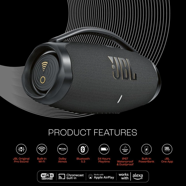 JBL Boombox3 WiFi, Deep Bass, 24H Playtime,BuiltIn Powerbank, IP67, Alexa 180 W Bluetooth Speaker  (Black, Stereo Channel) - Black