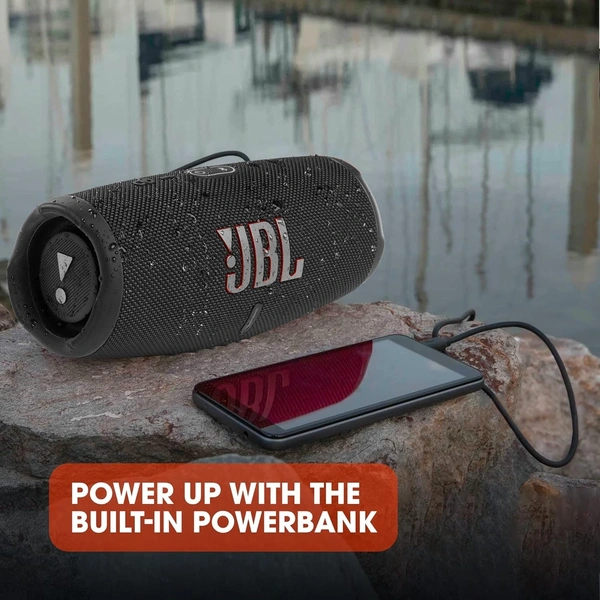 JBL Charge 5, Wireless Portable Bluetooth Speaker Pro Sound, 20 Hrs Playtime, Powerful Bass Radiators, Built-in 7500mAh Powerbank, PartyBoost, IP67 Water & Dustproof - Black
