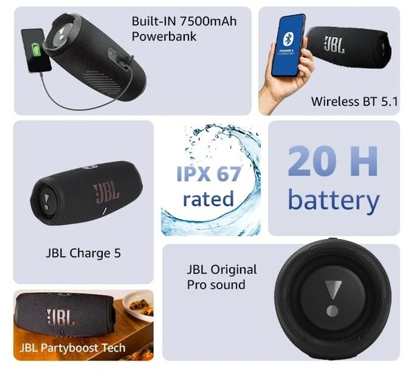 JBL Charge 5, Wireless Portable Bluetooth Speaker Pro Sound, 20 Hrs Playtime, Powerful Bass Radiators, Built-in 7500mAh Powerbank, PartyBoost, IP67 Water & Dustproof - Combo