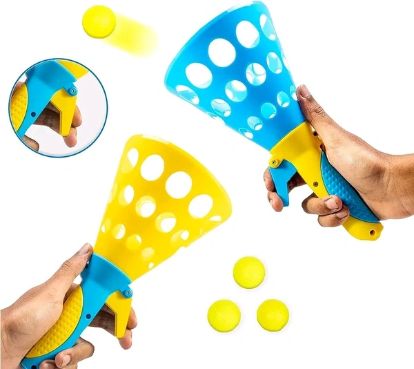 Storio Click and Catch Twin Ball Launcher Game with 3 Balls Indoor Outdoor Toy Set, Pop & Catch Ball Play Fun Boys & Girls - Multicolor