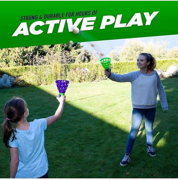 Storio Click and Catch Twin Ball Launcher Game with 3 Balls Indoor Outdoor Toy Set, Pop & Catch Ball Play Fun Boys & Girls - Multicolor
