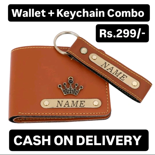 Customized Wallet and Keychain Combo for Men | Personalized Wallet Keychain Set with Name Printed | Leather Name Wallet Keychain for Men | Customized Gifts for Men with Name & Charm -TAN