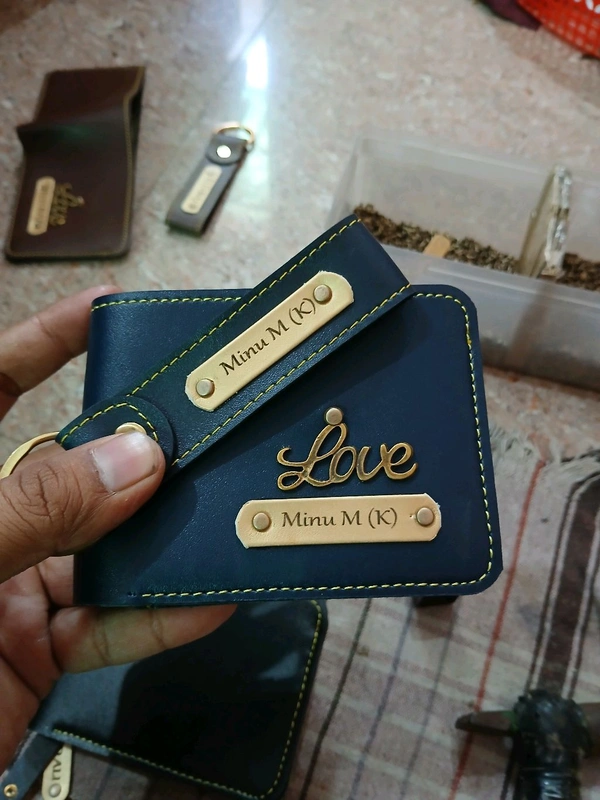 Customized Wallet and Keychain Combo for Men | Personalized Wallet Keychain Set with Name Printed | Leather Name Wallet Keychain for Men | Customized Gifts for Men with Name & Charm -BLUE