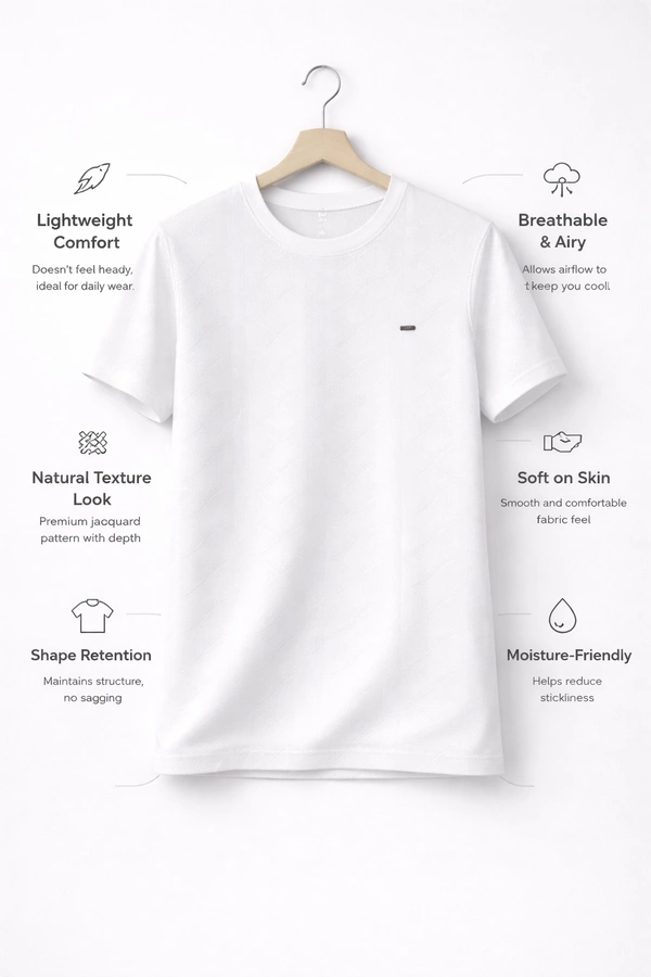 Storm Valor Classic White Jacquard Texture Tee | 200 GSM Breathable Cotton Blend | Premium Woven Streetwear T-Shirt - L, White