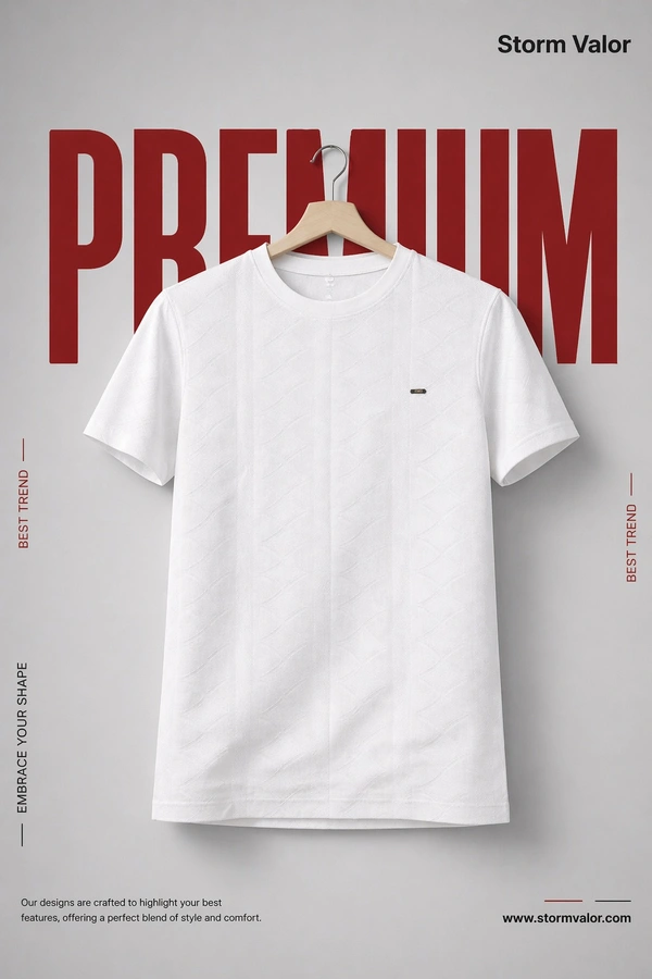 Storm Valor Classic White Jacquard Texture Tee | 200 GSM Breathable Cotton Blend | Premium Woven Streetwear T-Shirt - L, White