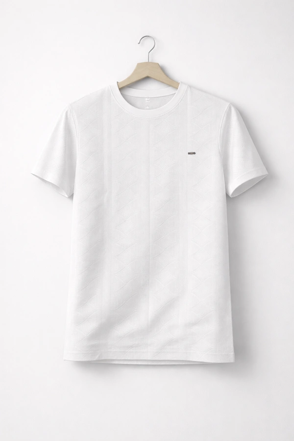 Storm Valor Classic White Jacquard Texture Tee | 200 GSM Breathable Cotton Blend | Premium Woven Streetwear T-Shirt - L, White