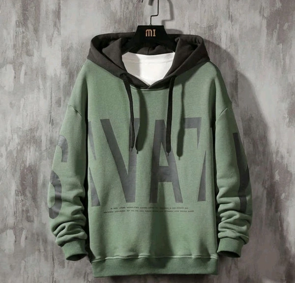 Fleece Printed Hooded Sweatshirt for Men - Olive, XXL