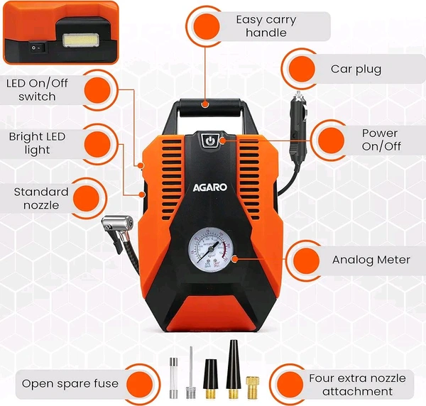 AGARO TI2147 Analog Tyre Inflator/Compressor Pump,Portable, 12V DC, up to 150 PSI, LED Light,Carry Case, for Car,Bike, Bicycles, Air Boat and Other Inflatables (Orange)