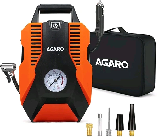 AGARO TI2147 Analog Tyre Inflator/Compressor Pump,Portable, 12V DC, up to 150 PSI, LED Light,Carry Case, for Car,Bike, Bicycles, Air Boat and Other Inflatables (Orange)