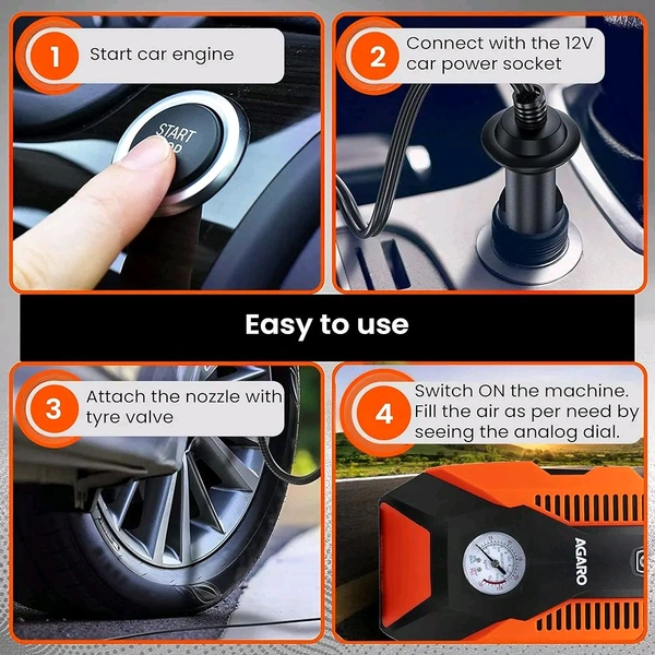 AGARO TI2147 Analog Tyre Inflator/Compressor Pump,Portable, 12V DC, up to 150 PSI, LED Light,Carry Case, for Car,Bike, Bicycles, Air Boat and Other Inflatables (Orange)