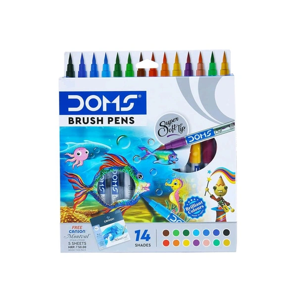 DOMS 14 Shades Brush Pen Box Pack | Super Soft Tip With Brilliant Colors | Water Based Ink Which Gives Water Color Effect | Pack Of 1, Multicolor