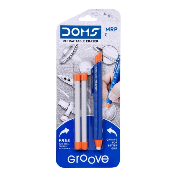 DOMS Groove Retractable Eraser | Groove For Better Grip With Excellent Erasing Performance | Free 2 Refill Eraser With This Pack | Pack of 1 Eraser