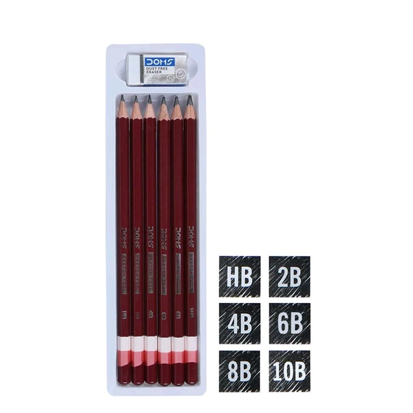 DOMS  Drawing & Sketching Graphite Pencils - Grade HB, 2B, 4B, 6B, 8B & 10B | Hi Precision For Sketching | Dark & Neat Drawing | Comes With 1 Eraser (Pack of 6 x 1 Set)
