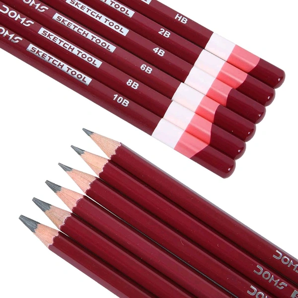DOMS  Drawing & Sketching Graphite Pencils - Grade HB, 2B, 4B, 6B, 8B & 10B | Hi Precision For Sketching | Dark & Neat Drawing | Comes With 1 Eraser (Pack of 6 x 1 Set)