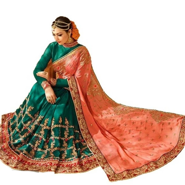 Attractive Georgette Embroidered Saree with Blouse piece - Green, Saree Length: 5.5 (in metres)Blouse Length: 0.8 (in metres)