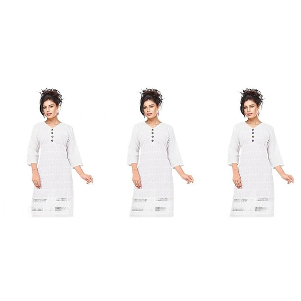Stylish Cotton White Chiken Embroidered Kurta For Women ( Pack Of 3 ) - white